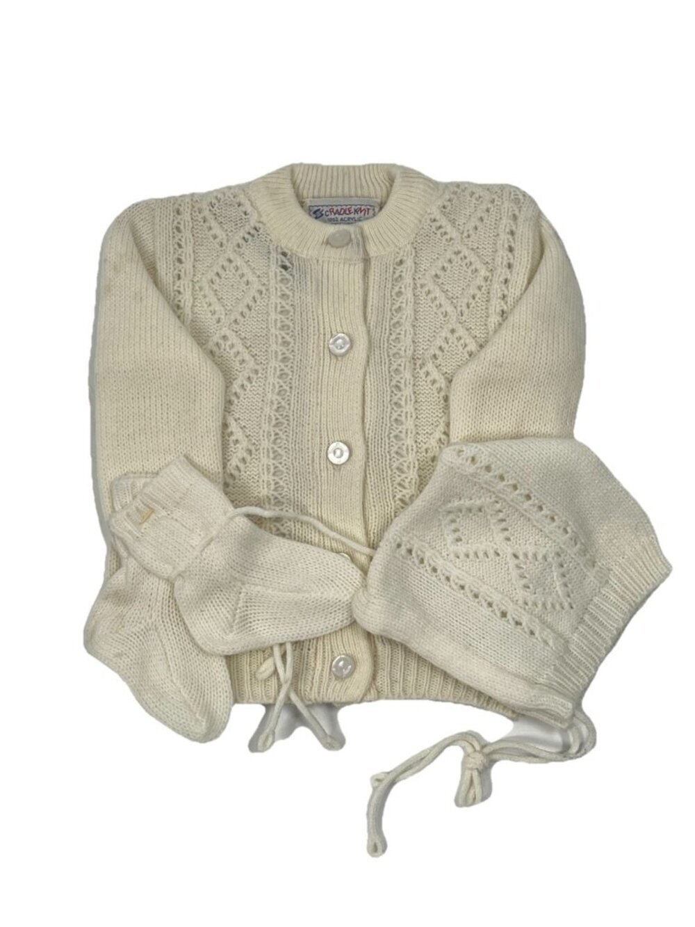 Vtg Cradle Knit Baby 3 Piece Set Ivory Cardigan Bonnet Booties Newborn Heirloom